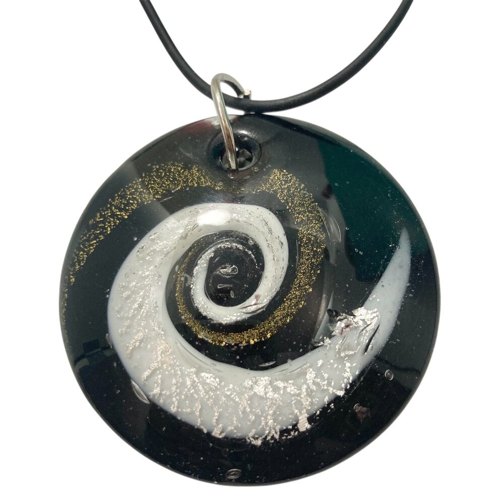 Vtg Murano Style Art Glass Pendant Necklace Black Cord 22" Black Copper White